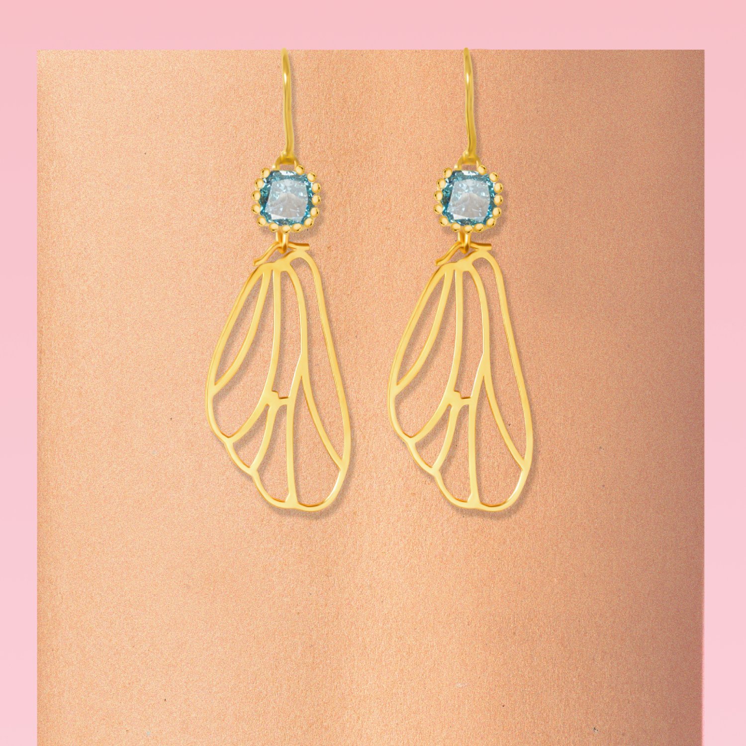 9K Gold Blue Stone Butterfly Wing Dangle Earring Creative