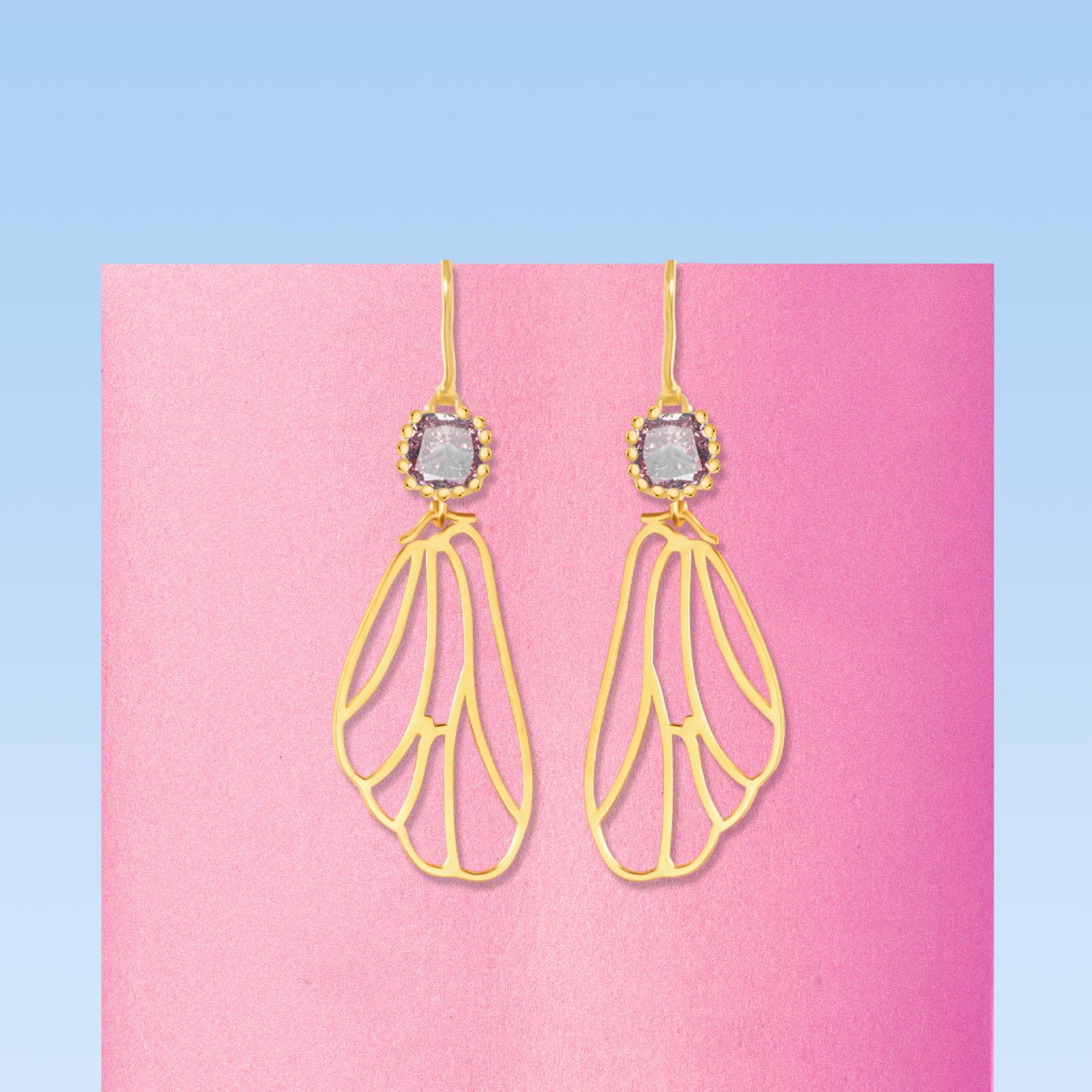 9K Gold Pink Stone Butterfly Wing Dangle Earring Creative